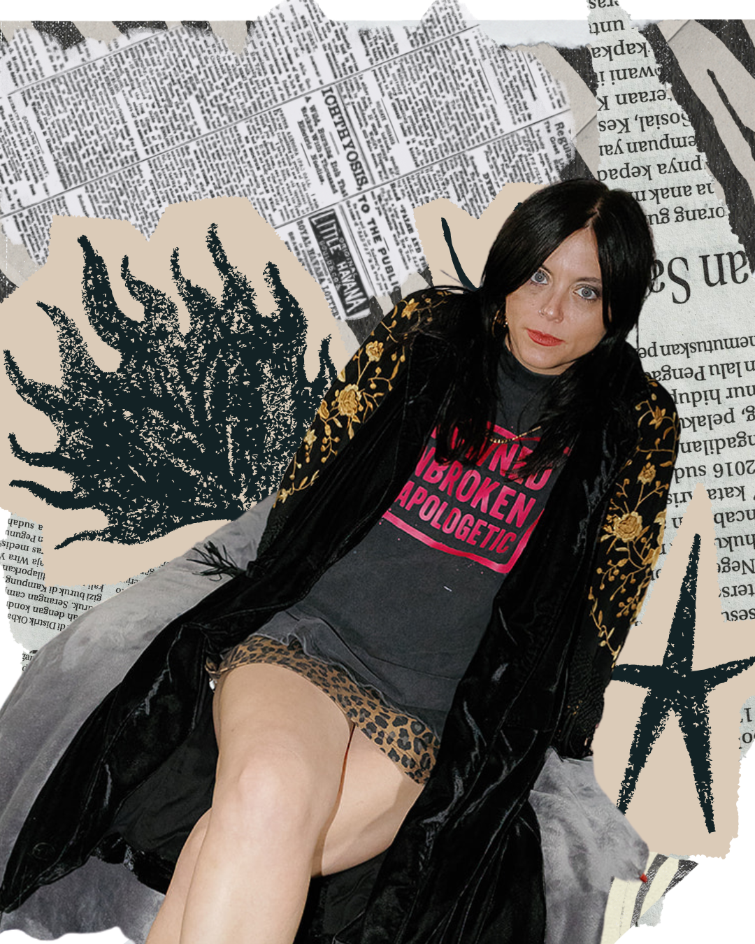 woman modelling unapologetic gig tee, sat, wearing animal print mini skirt