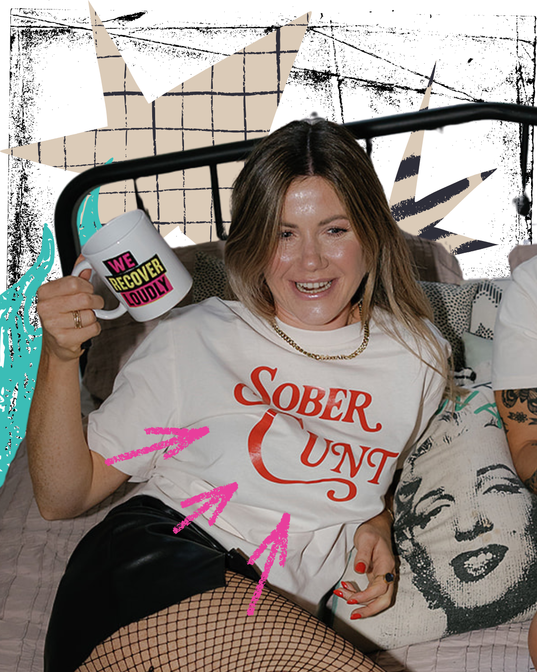 Person wearing a t-shirt with 'Sober Cunt' text, holding a mug, in a casual setting.
