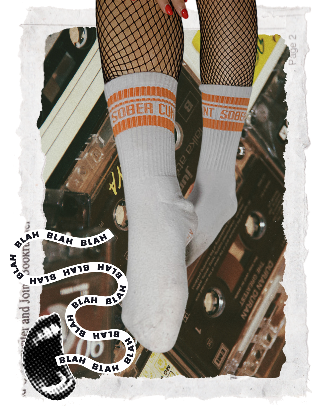 White socks with orange text on a background of vintage tapes and fishnet stockings.